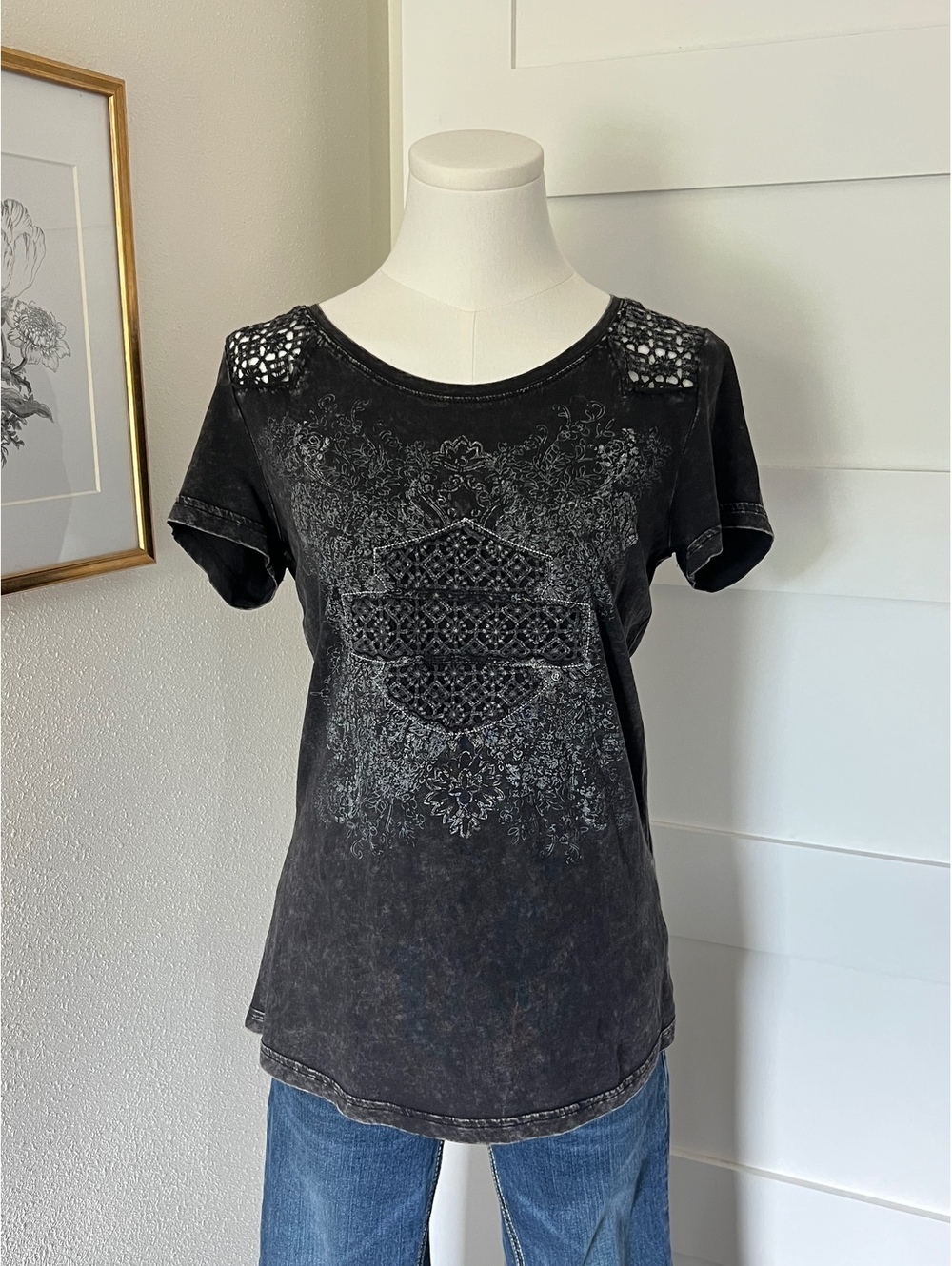 Harley-Davidson Black Lace Crochet Graphic Tee